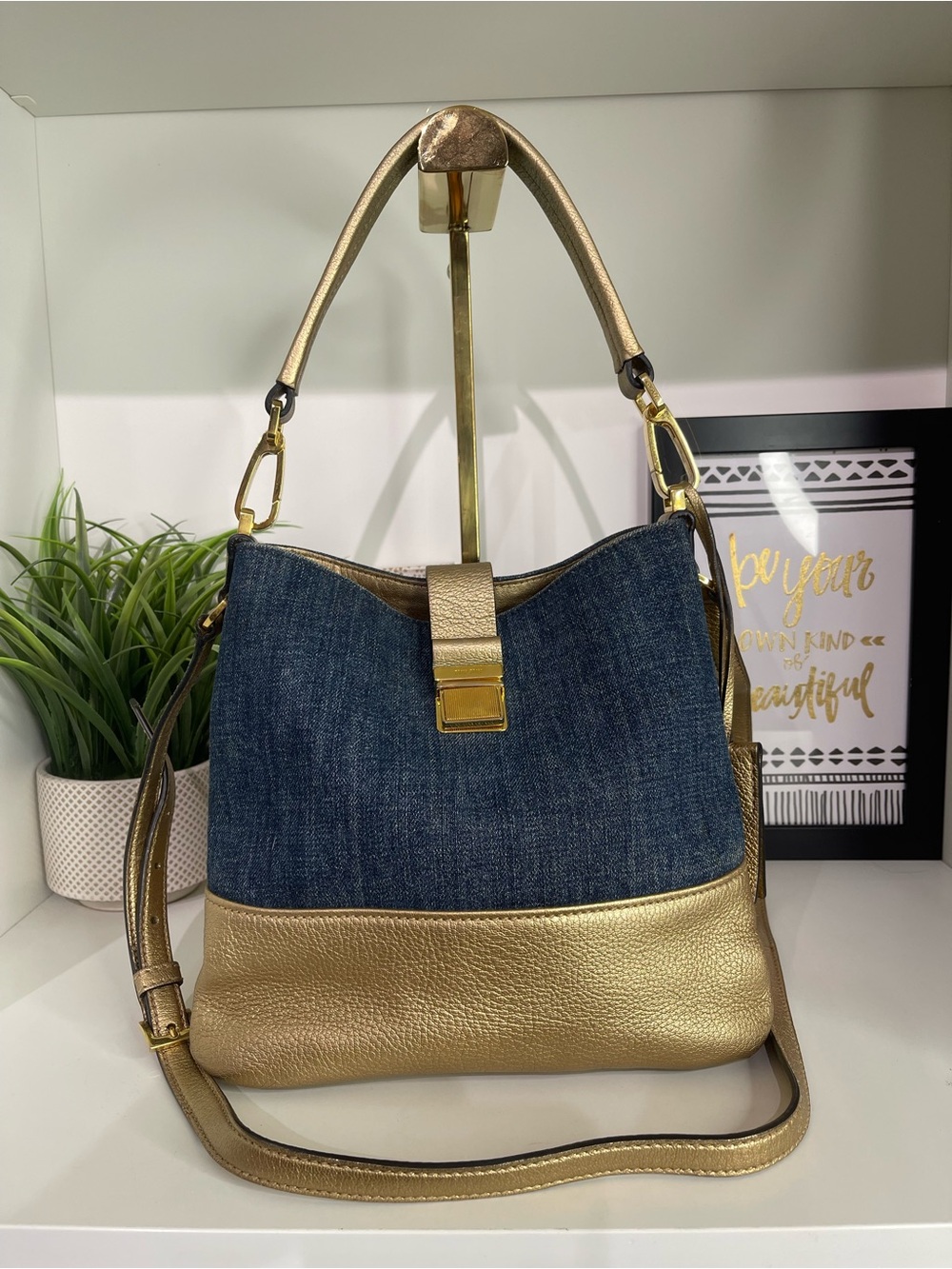 Miumiu Denim w/ Metallic Gold Crossbody 2 Way Bag with Adjustable Strap